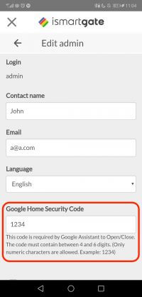 Google home garage door pin - set up and change process, home security code - step 4