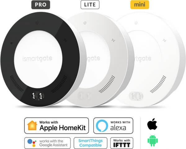 Comparativa de mandos de garaje inteligentes ismartgate: pro, lite y mini. Compatible con Apple HomeKit, Alexa, Google Assistant, SmartThings, IFTTT.